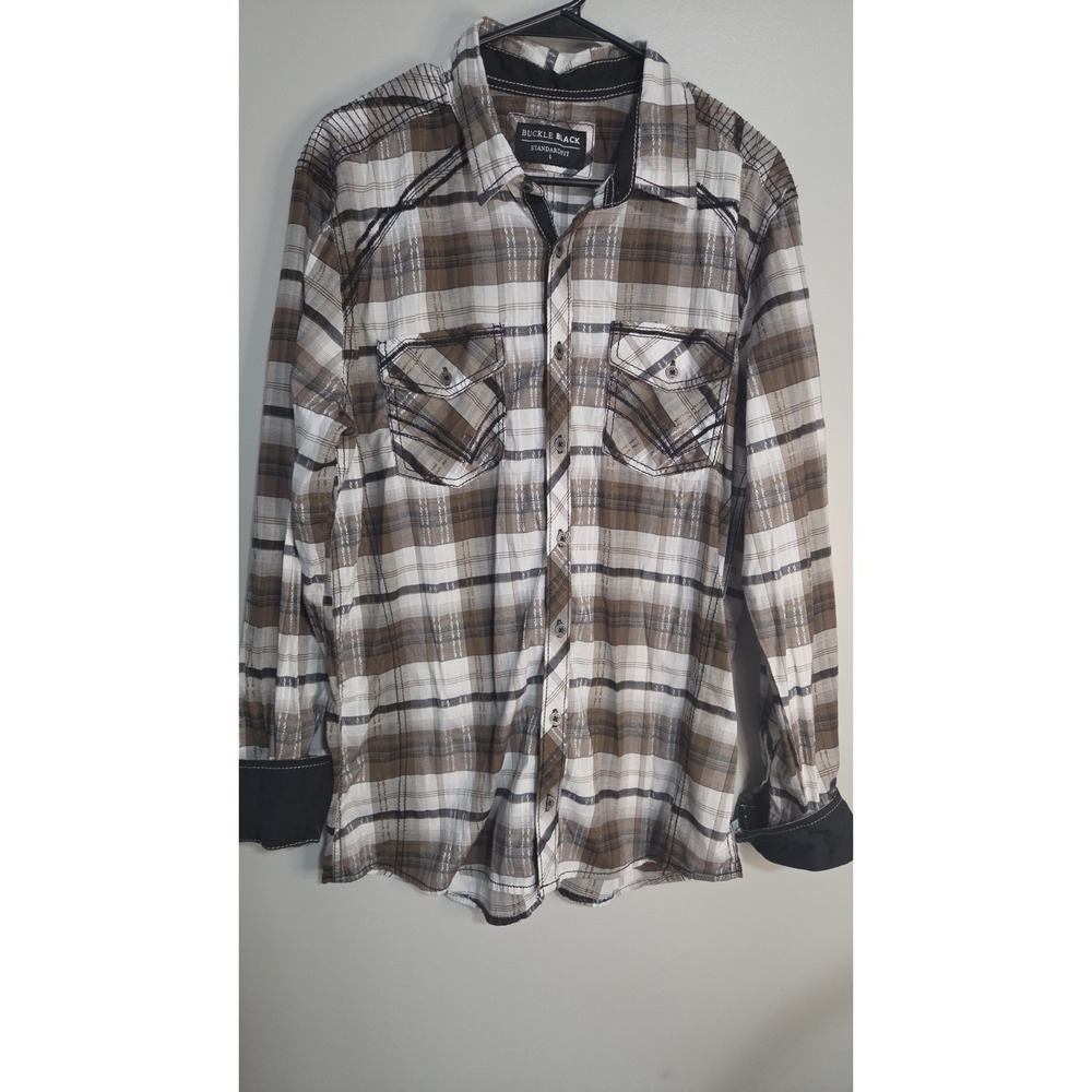 Buckle Black Mens Standard Fit Plaid Embroidered Button Up Shirt Size L Western